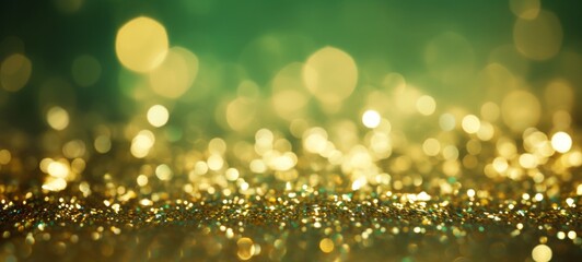 Poster - Festive celebration holiday christmas, new year, new year's eve background banner template illustration - Abstract gold green glitter sequins bokeh lights texture, de-focused
