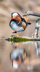 Poster - Vertical of a Mandarin duck perched atop a branch in a lake