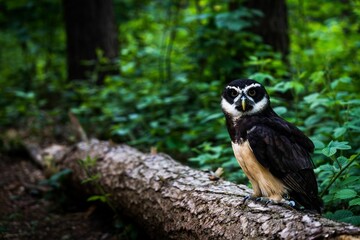 Sticker - Closeup of an owl perched on a tree branch in a green forest