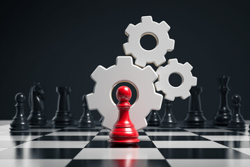 Wall Mural - Chess and gear, Game business strategy management or leadership concept.3d rendering.