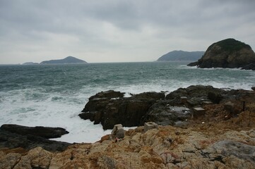 Poster - Scenic view of a rocky beach against sea waves on a cloudy day