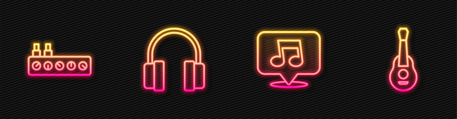 Poster - Set line Music note, tone, Sound mixer controller, Headphones and Guitar. Glowing neon icon. Vector