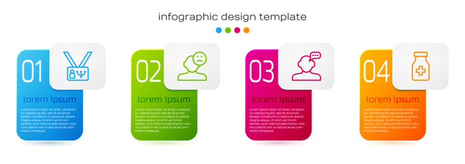 Wall Mural - Set line Psychology, Sad and depressed man, bad mood, Online psychological counseling and Sedative pills. Business infographic template. Vector