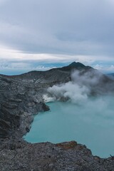 Wall Mural - Vertical aerial view of a blue acid lake with sulfur steam near Mount Ijen, Java, Indonesia