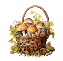 Watercolor Illustration, Basket With Mushrooms. Generative AI, Png