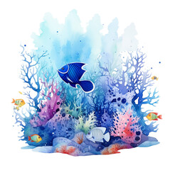 Wall Mural - Watercolor illustration, sea underwater landscape. Generative AI, png