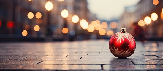 Canvas Print - Holiday market in city street with stylish Christmas street decor featuring golden star illumination fir branches adorned with red and gold baubles and golden lights bokeh on a building s fr