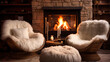 Cozy fireplace seating area with a fur rug and wingback chairs.
