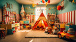 Whimsical nursery with circus themes and soft toys.