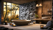 Modern Zen bathroom with a rock garden and wooden accents