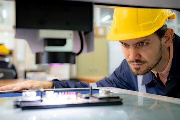 Poster - Industry 4.0 Modern Factory: male Facility Operator Controls measurement work in Workshop Production Line, Uses Machine Operation Processes, Controllers, Machinery.