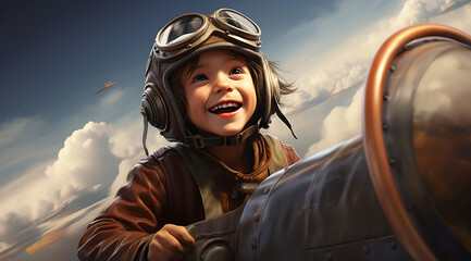 illusion digital painting of Young girl ready to travel with plane toy. Cute kid happy with Imagining to fly a plane. Generative AI.