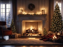 Fireplace Room Christmas Digital Backdrop Tree Stockings Presents Christmas Tree Cozy Photography Background Props Studio Overlay New Year