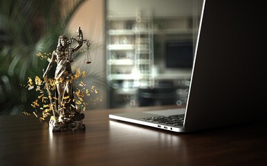 Sticker - Business Law Concept - Lady Justice Statue Notebook. 3D Illustration