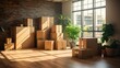 Cardboard boxes and crates for moving, relocation into a new home apartment, cardboard boxes in front of a window with rays of sunshine