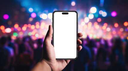 mockup image of smartphone with blank transparent screen, in hand by rave party with many people in 