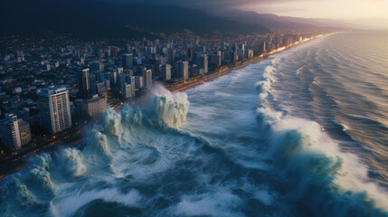 Tsunami wave destroying city metropolis, apocalyptic ocean scene