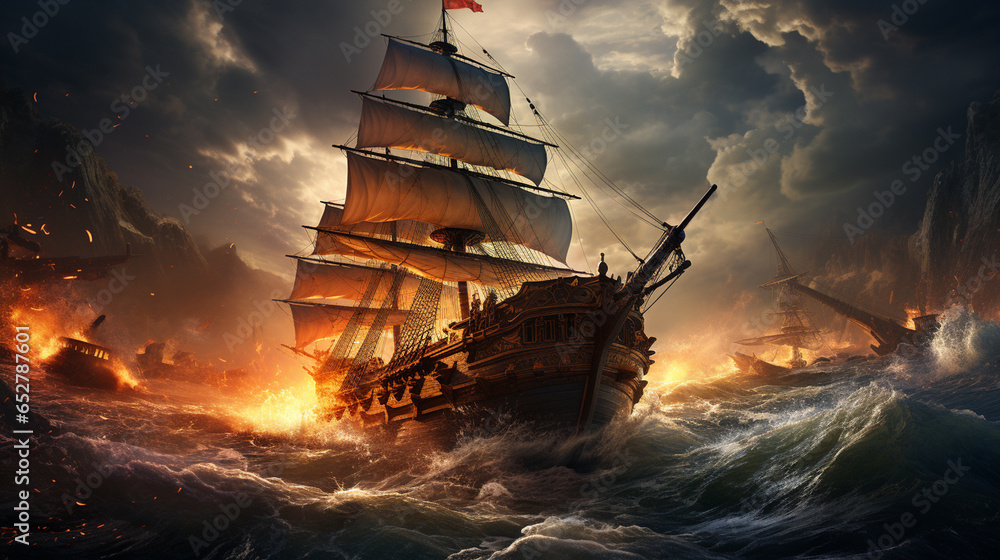 Pirate ship at the open sea at the sunset Stock Photo | Adobe Stock