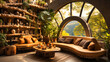 Organic earthy lounge with cob walls, plant dyes, and raw wood.