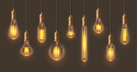 filament retro lamps in realistic design. glowing ceiling chandelier set of light vector illustratio