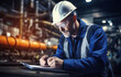 © Bojan - Industrial worker with notepad in hands writing notes during inspection in factory. Mature technician with white hard hat.