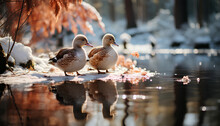 Ducks On The Lake In A Snowy Forest During Winter Time. Winter Landscape. Winter Paysage. Frozen Lake. Ducks In Winter Time. Duck. 