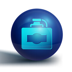 Poster - Blue Cardboard box of wine icon isolated on white background. Blue circle button. Vector