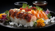 Freshness of seafood on a plate, a gourmet Japanese meal generated by AI
