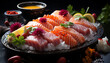 Freshness on a plate seafood, sashimi, meat, fish, vegetable, fillet, salad generated by AI