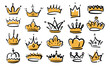 Golden crown head tiara, diadem or decal doodle, royal accessories flat cartoon icons set. Doodle crowns line art king or queen crows sketch. Set of retro medieval crowns, emperor luxurious symbols