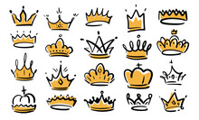 Golden Crown Head Tiara, Diadem Or Decal Doodle, Royal Accessories Flat Cartoon Icons Set. Doodle Crowns Line Art King Or Queen Crows Sketch. Set Of Retro Medieval Crowns, Emperor Luxurious Symbols