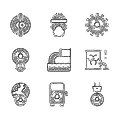 Poster - Set Wastewater, Electric car charging station, Radiation electrical plug, Radioactive waste barrel, Planet earth and radiation, and Atom icon. Vector