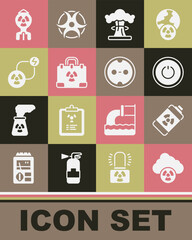 Poster - Set Acid rain and radioactive cloud, Nuclear energy battery, Power button, explosion, Radiation nuclear suitcase, Radioactive exchange, bomb and Electrical outlet icon. Vector