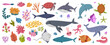 Sea and ocean biodiversity of animal and plant species. Isolated sharks and whale, fish and octopus, jellyfish and starfish, algae and weed. Vector illustration in flat cartoon style