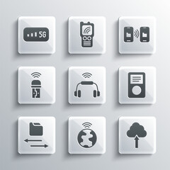 Poster - Set Global technology, Cloud upload, Music player, Smart headphones system, Transfer files, Usb wireless adapter, 5G internet and Data transfer and storage icon. Vector