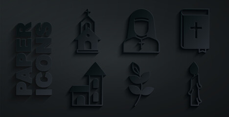 Canvas Print - Set Willow leaf, Holy bible book, Church building, Burning candle, Nun and icon. Vector