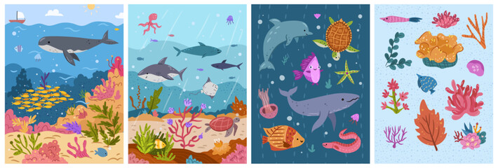 Wall Mural - Underwater marine life, animals and fish, shark and turtles swimming in ocean or sea. Weeds and coral reef on bottom of water, biodiversity. Vector illustration in flat cartoon style