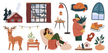 Merry Christmas And Happy New Year Winter Cozy Items And People Set. Vector Illustration Of Winter Holidays Home, Big Window And Reindeer, Lamp And Male With Fur Tree, Woman Resting In Armchair