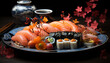 Freshness of seafood, sushi variations, healthy eating, Japanese culture displayed generated by AI