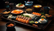 Fresh seafood, rice, vegetables, and sashimi on a wooden plate generated by AI