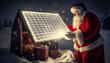 Weihnachtsmann bringt Solarzellen auf das Dach prüft Photovoltaik Anlage Solaranlage vom Weihnachtsmann als modernes Geschenk zu Weihnachten Generative AI 