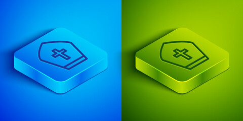 Poster - Isometric line Pope hat icon isolated on blue and green background. Christian hat sign. Square button. Vector