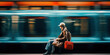 femme avec ses bagages attendant le train sur le quai de la gare, arrière plan flou avec le passage à grande vitesse d'un train