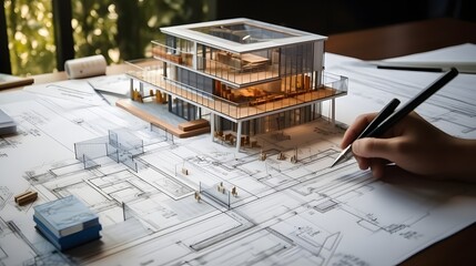 architect design working drawing sketch plans blueprints and making architectural construction model