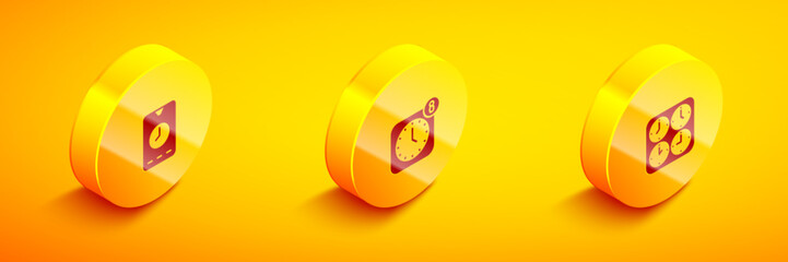 Sticker - Set Isometric Alarm clock app mobile, and Time zone clocks icon. Vector