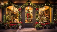 Christmas Shop Window Decorated Background. New Year's Design Decor For Stores. Festive Mood. Christmas and New Year Sales Concept. Stylish Decoration Storefront With Garland Lights And Fur Trees.