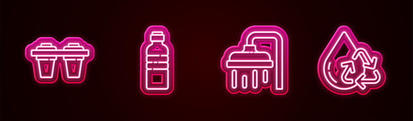 Canvas Print - Set line Water filter, Bottle of water, Shower head and Recycle clean aqua. Glowing neon icon. Vector