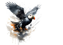 Image Of Beautiful Watercolor Painting Of Puffin Bird Flying., Birds, Wildlife Animals, Illustration, Generative AI.