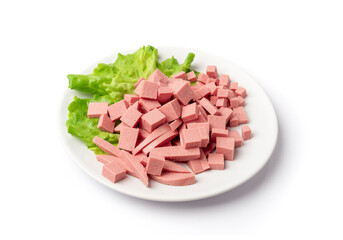 Wall Mural - Diced Mortadella Slice Isolated, Luncheon Meat Cut, Chicken Ham Cubes, Boiled Sausage for Breakfast