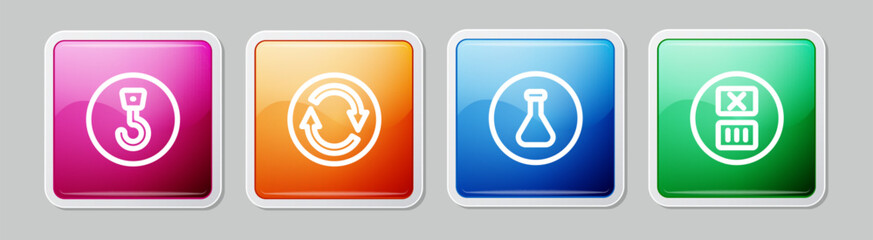 Sticker - Set line Industrial hook, Recycle symbol, Test tube and flask and Temperature wash. Colorful square button. Vector